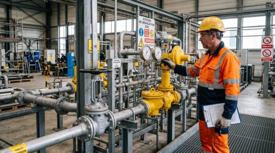 Technicien industriel inspectant une station de régulation de pression de gaz naturel dans une installation industrielle française